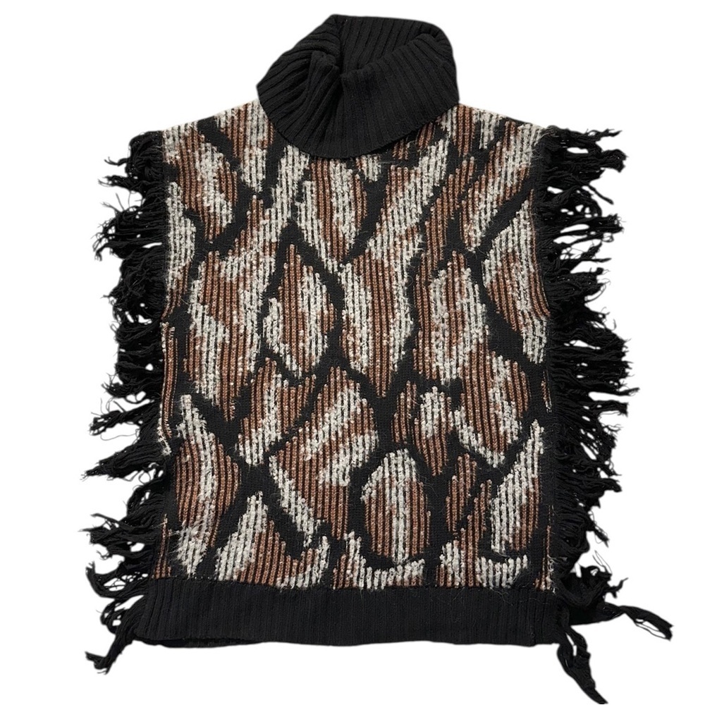 Women’s Cowl Neck Fringe Wool Alpaca Blend Combo Poncho Sweater M/L - Picture 3 of 9